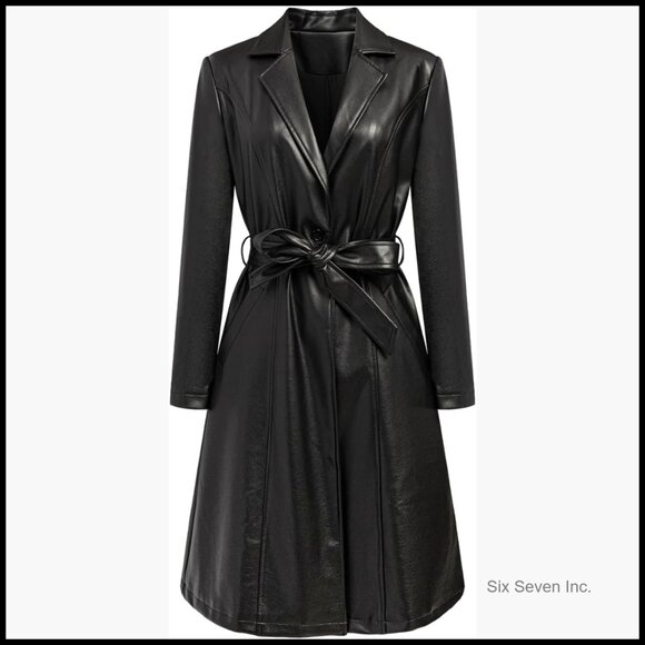 Faux PU Leather Trench Coat With Belt Long Sleeve Biker Overcoat